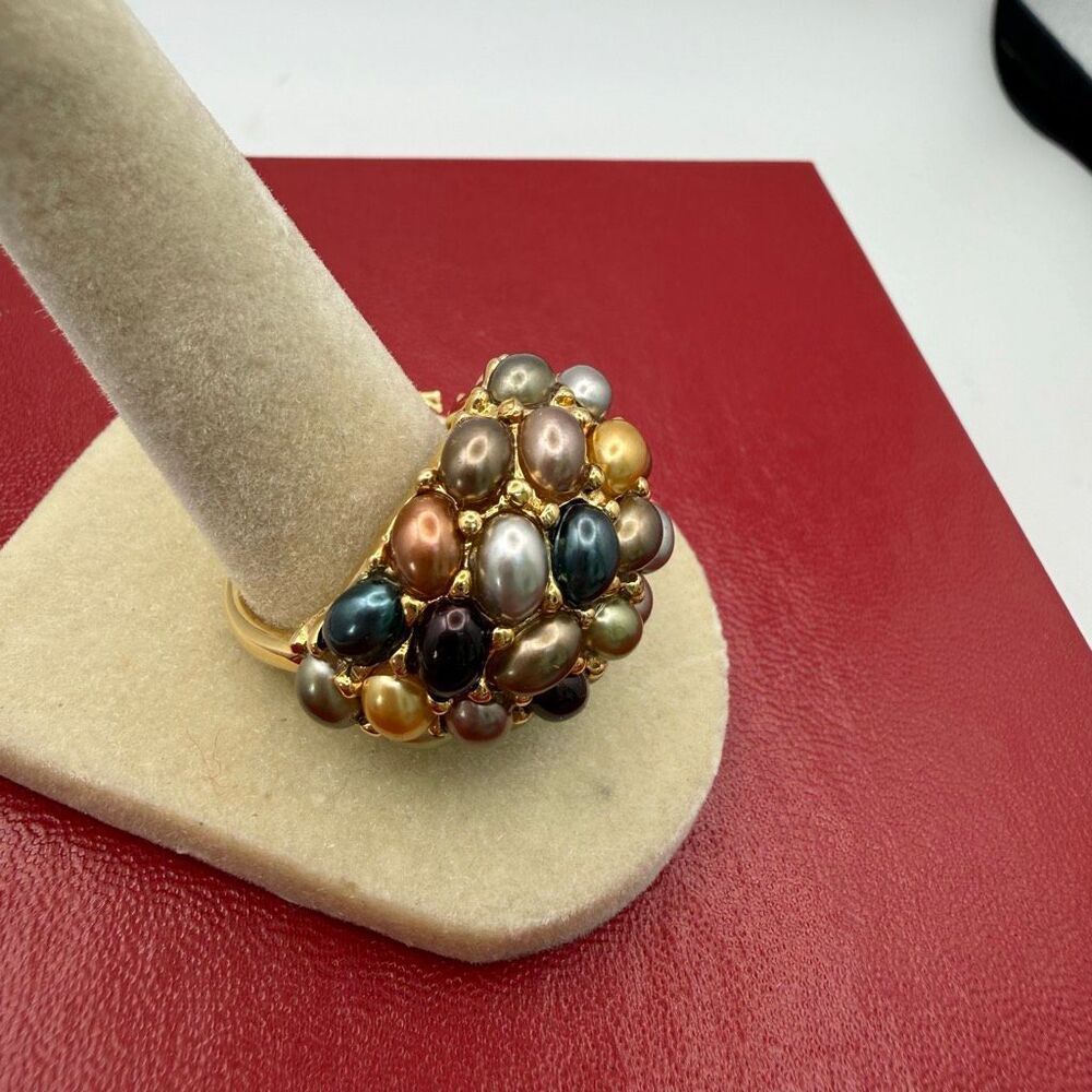 Kenneth Jay Lane Vintage Gold Tone Ring Dome Multi-Colored Faux Pearls New Sz 6 — image 2 of 6